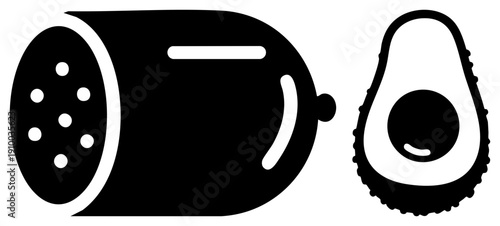 Black silhouette of avocado slicer with perforated blade and halved avocado with pit, minimalist kitchen tool, food prep, flat vector graphic, isolated cutout.