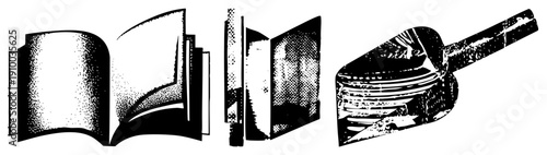 Three black and white halftone illustrations open book with pages, closed book spine, dustpan with brush. Classic vector for education, cleaning, or study themes.