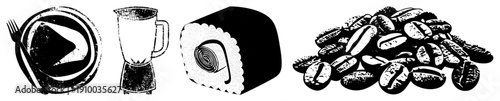 Classic food illustrations slice of cake on plate, blender, sushi roll, coffee beans, halftone style, retro kitchen.