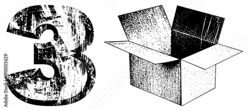 Distressed numeral three with textured wear, open shipping box with dotted shading, vector illustration, graphic design element, isolated foreground.