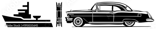 Vintage automobile, submarine, and ship rendered in bold black, retro design, isolated vector graphics, clean art, stylized transportation symbols.