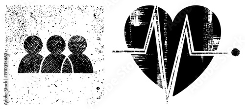 Graphic combining heart with electrocardiogram waveform and three human silhouettes, halftone texture, medical or wellness theme, vector illustration.