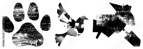 Stylized animal shapes with halftone grain texture, vector cutouts, black and white, isolated foreground, graphic design elements, animal motifs.