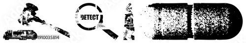 Distressed black and white vector gavel, magnifying glass with "DETECT", fragmented column, speckled oval all in gritty, textured style.