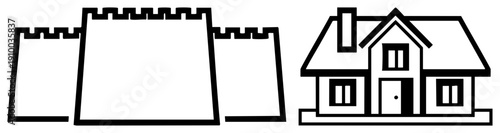Black wall with crenellations next to a two story house with chimney and windows, minimalist architectural, flat vector design.