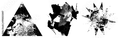 Three stylized forms triangle, fragmented mass, sunburst rendered in halftone dot, vector art,, graphic design elements.