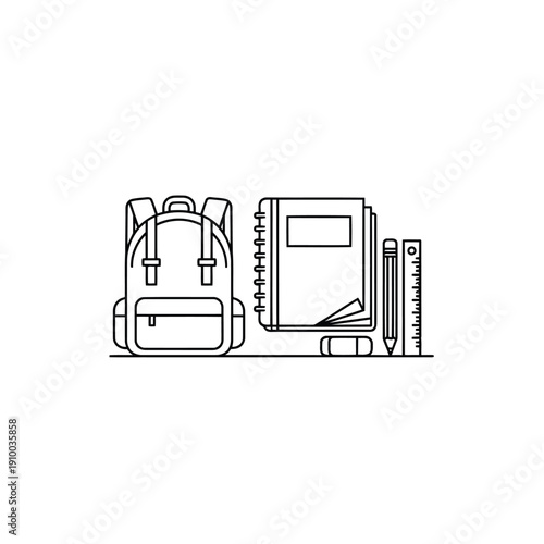 A collection of school supplies including a backpack, notebook, and ruler.