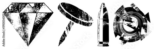 Distressed black and white vector faceted diamond, rusted screw, pointed bullet, broken gear all rendered with halftone texture and gritty aesthetic.