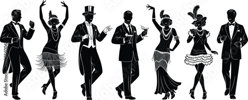 Large collection of vintage Great Gatsby party silhouettes featuring men in tuxedos and flapper women dancing and drinking isolated on white background for design.