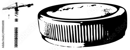 Industrial crane lifting cargo, bottle cap with ridges, black and white vector art, construction equipment, packaging detail, minimalist design.