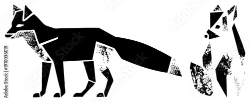 Abstract fox illustration using sharp geometric shapes, halftone dot, and fragmented forms, ideal for modern graphic design, branding, or digital art.