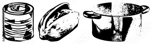 Retro style food containers including a pull tab can, rustic loaf of bread, and speckled cooking pot, rendered in halftone vector art.