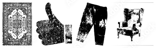 Grunge style vector ornate rug, thumbs up hand, ripped jeans, classic wingback chair., distressed texture, isolated elements for design use.