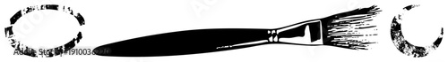 Black and white vector paintbrush with textured bristles, flanked by grungy circular stencils, ideal for graphic design, illustration, or stencil art projects.