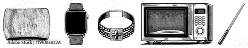 Retro microwave appliance with digital display, smartwatch with mesh band, textured wristband with emblem, isolated tech items, halftone vector art.