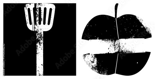 White spatula and vector with gritty texture, kitchen utensil and fruit symbol, flat design with noise effect, isolated graphic elements.