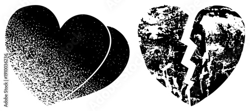 Two contrasting heart shapes, one smooth halftone gradient, one shattered textured, representing love breakup, emotional pain, relationship end, romantic loss.