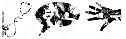Black and white halftone vector stethoscope, brain with neural, gloved hand. Medical, neuroscience, anatomy symbols. Isolated, cutout, rgba.