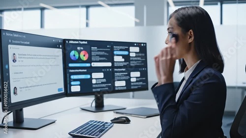 Woman in office uses dual monitors; views software data, types on compact keyboard
