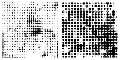 Vector halftone design using varying dot density and shapes, abstract graphic art, minimalist, digital illustration, texture.