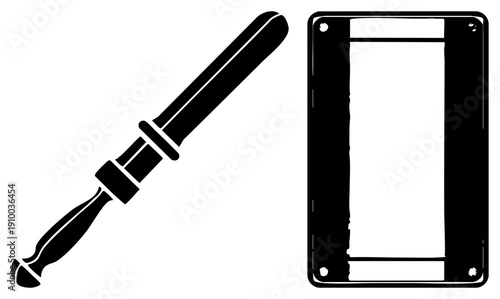 Stylized dagger with grip and blade beside rectangular metal frame with mounting holes, vector design, isolated graphic elements.