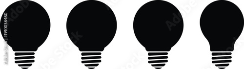 Set of light bulb silhouettes featuring various round and classic lamp shapes representing idea innovation creativity and electricity isolated on white background for design.
