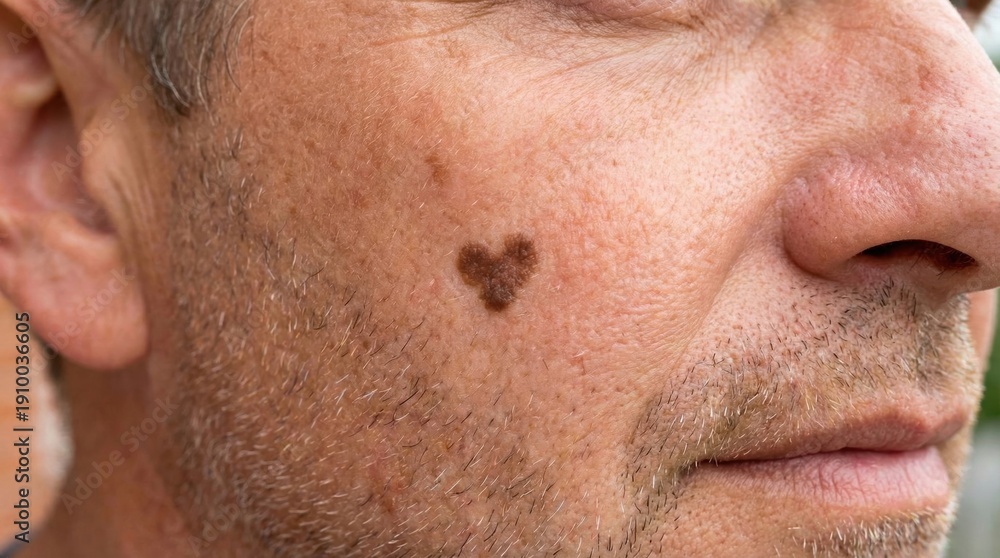 Naklejka premium A prominent dark brown heart-shaped mole is visible on the cheek of a person with stubble, emphasizing skin health, dermatology, and unique body features.
