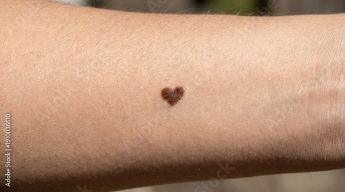 A distinct dark brown heart-shaped mole is prominently featured on the light-toned forearm of a person, symbolizing love, uniqueness, and individuality.