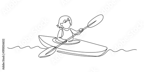 Simple line drawing of a person paddling a kayak on the water for recreational activity. Vector, illustration