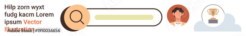Web design, user interaction, search functionality, profile personalization, achievement tracking, digital tools. Search bar with magnifying glass, user avatar and trophy icon. Web design and user