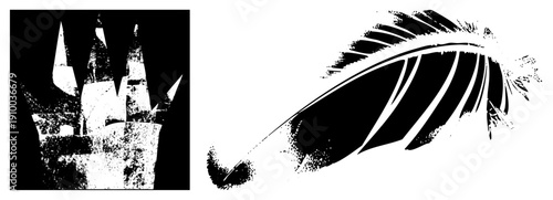 Vintage writing instrument with feathered tip, ink stained nib, artistic brushstroke texture, calligraphy tool, graphic.