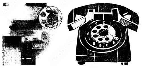 Retro rotary phone with dial and handset, film reel with perforated edge, halftone texture, graphic design, isolated objects, nostalgic communication tools.