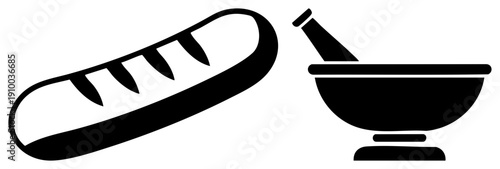 Classic French baguette with scoring, mortar and pestle, culinary tools, baking essentials, black silhouette, kitchen, flat design.