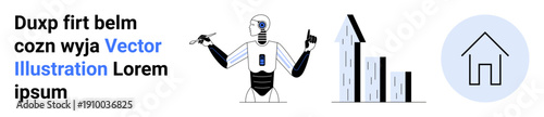 Artificial intelligence, smart technologies, data analysis, business growth, futuristic concepts, home automation. A humanoid robot gestures near graphs and a home icon. Artificial intelligence
