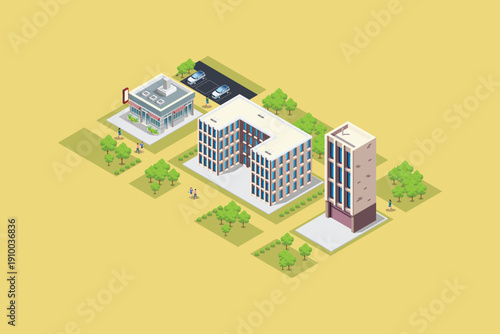 Isometric campus building with many buildings and supermarkets