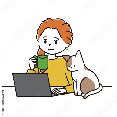 コーヒーを飲みながらリモートワークをする女性と猫のイラスト
