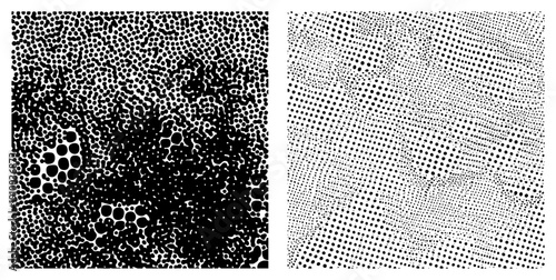 Black and white halftone dot, organic cluster texture, graphic design element, vector background, stippling effect, visual noise, digital art texture.