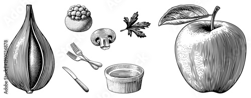 Hand drawn botanical illustrations of fig, raspberry, mushroom, parsley,, knife, fork, and ramekin, rendered in classic engraving style with fine hatching.