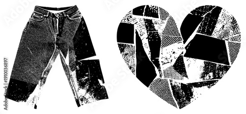 Ripped denim pants with halftone texture, broken heart symbol, graphic design, black and white vector art, fashion illustration, emotional, punk aesthetic.