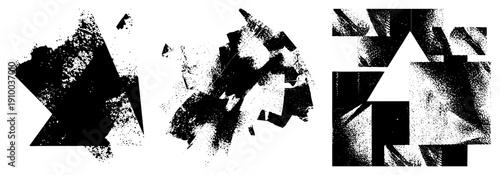 Fragmented black and white geometric forms with halftone dot, abstract composition, graphic design elements, vector art, digital illustration.