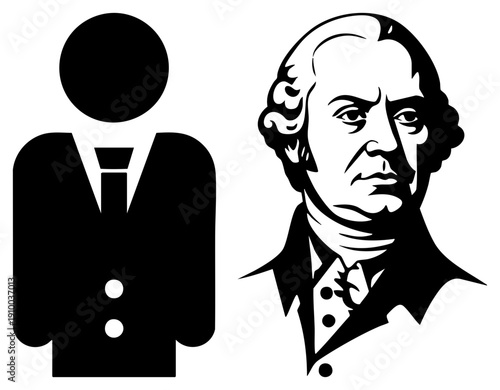 Vintage gentleman portrait with powdered wig and cravat, modern minimalist businessman, vector graphic, black and white, corporate vs historical contrast.