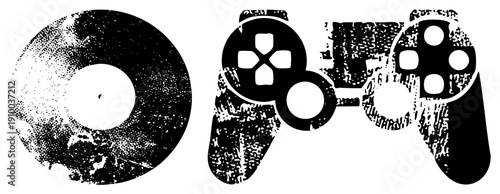 Retro gaming controller and vinyl record rendered in gritty halftone, vector art, isolated, gaming nostalgia, music, pixelated texture, black and white graphic.