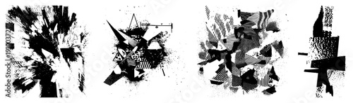 Black and white abstract composition of shattered geometric shapes, halftone textures, and stencil style fragments, vector art, graphic design element.