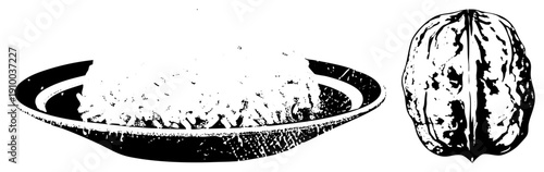 Stylized rice in bowl, walnut, halftone texture, food graphic, minimalist design, art, culinary.