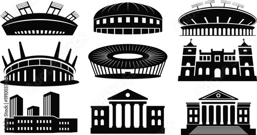 Set of stadium and government building silhouettes featuring sports arenas classical architecture with columns and urban skyscrapers isolated on white background for city design.
