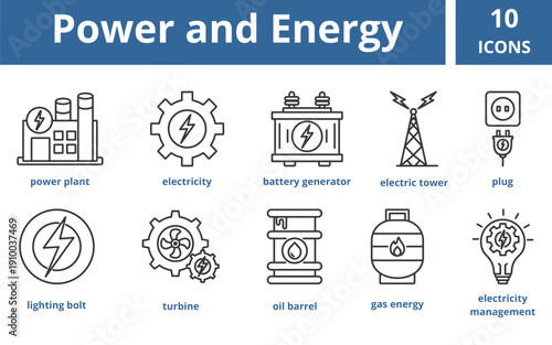 power and energy icon vector illustration concept. Icon pack contain Power plant, Electricity, Battery Generator, Electric tower, Plug, Lightning bolt, Turbine, Oil barrel, Gas energy, electricity man