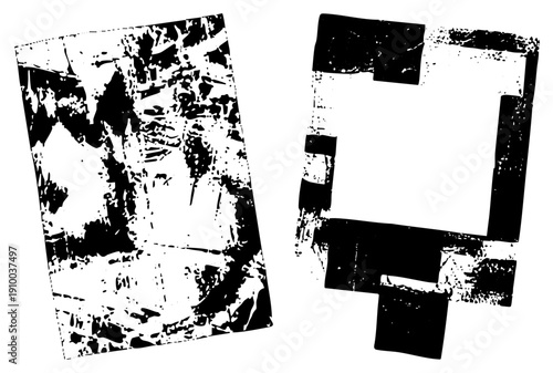 Two stylized geometric forms with distressed texture, design, graphic art elements, digital illustration, halftone inspired.