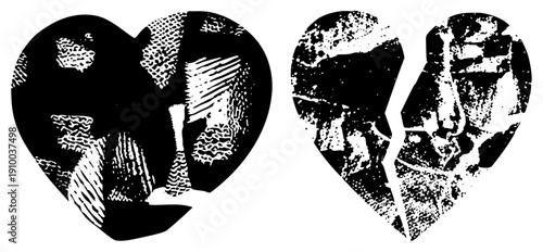 Two shattered heart shapes filled with varied halftone textures, graphic art, emotional symbolism, vector illustration, design, romantic, distressed aesthetic.