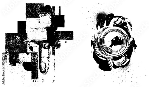 Bold graphic shapes with gritty halftone texture, abstract art design, vector illustration, composition, stylized forms, graphic design element, modern art piece.