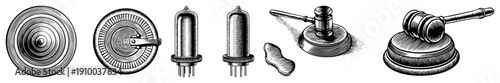 Retro electronic components and legal gavel symbols, engraved vector illustrations, technical artifacts, courtroom, drawings.